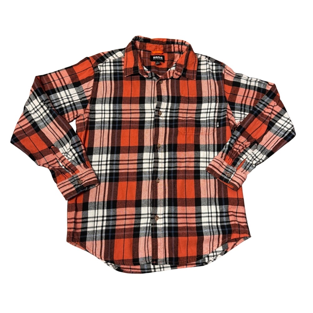 Bass Outdoor Boys XL 18/20 Flannel Shirt Orange Black Plaid Cotton BOFFB32F-845